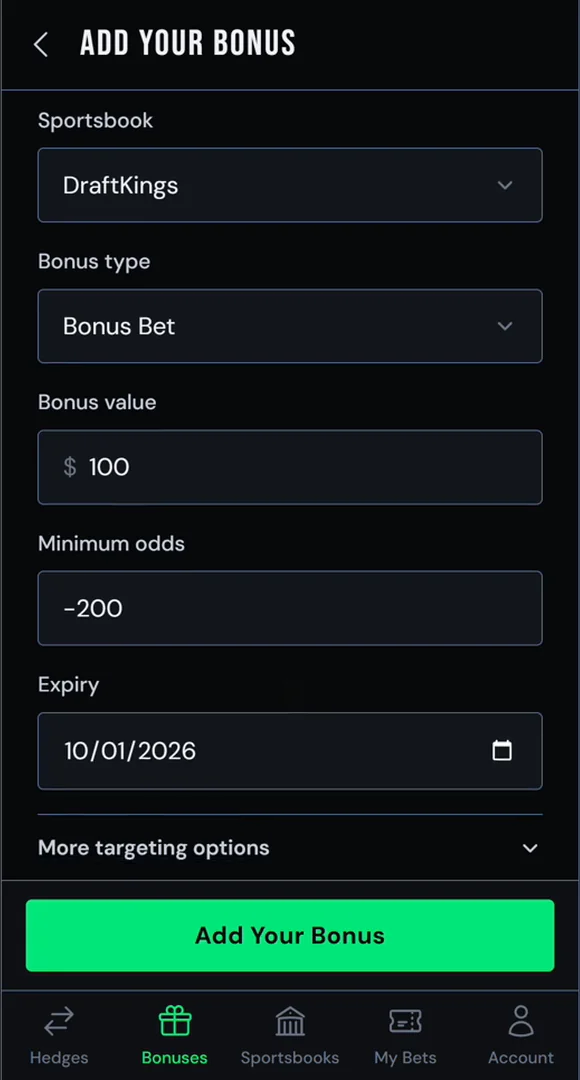 A $100 bonus bet with -200 minimum odds. Expiry defaults to a week.