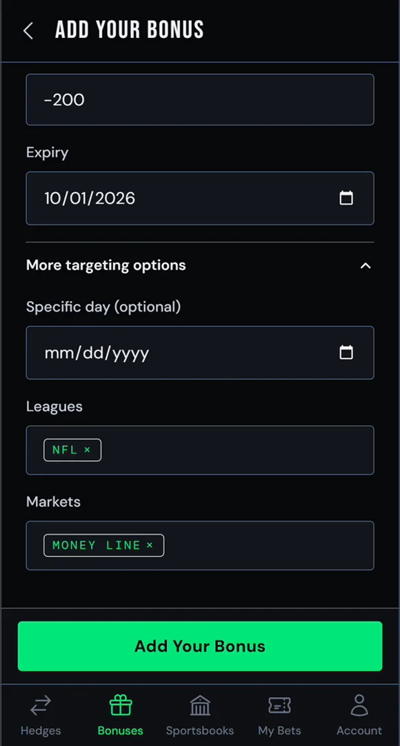 Everything set: $100 bonus bet at DraftKings, -200 minimum odds, NFL moneylines. Add Your Bonus.