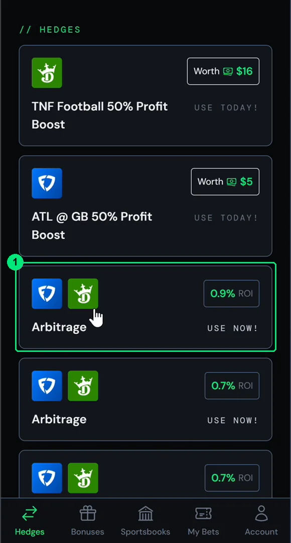 Arbitrage sets in the Hedges tab. Each shows its return and says Use now, not use today.