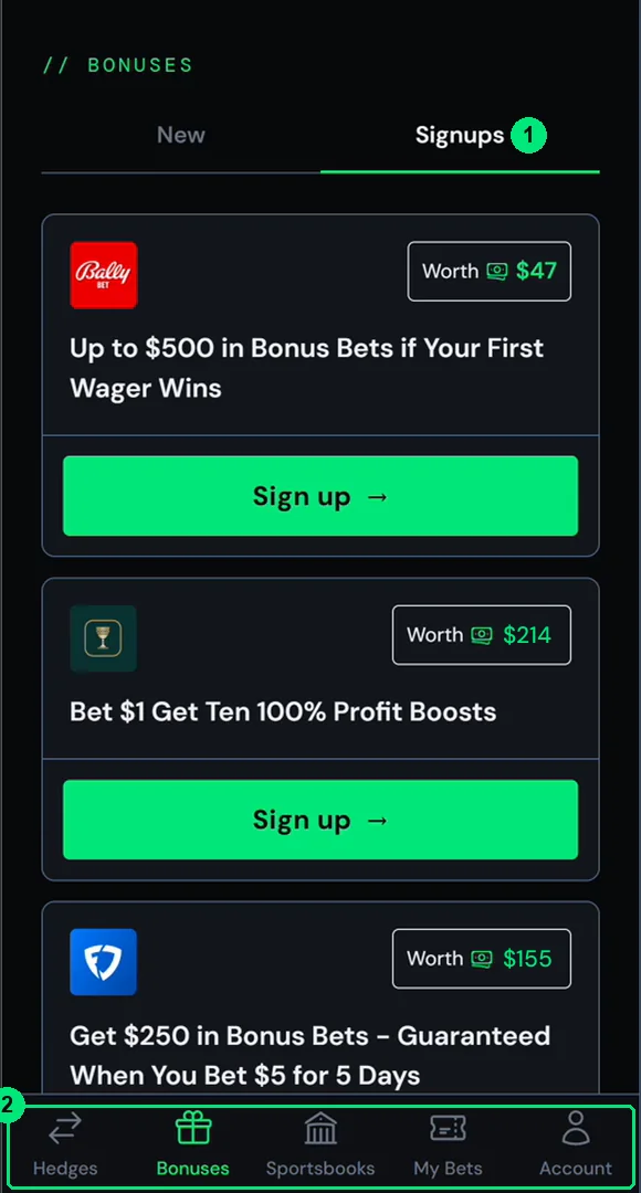 A brand new account opens on Bonuses > Signups: every signup bonus available in your jurisdiction.