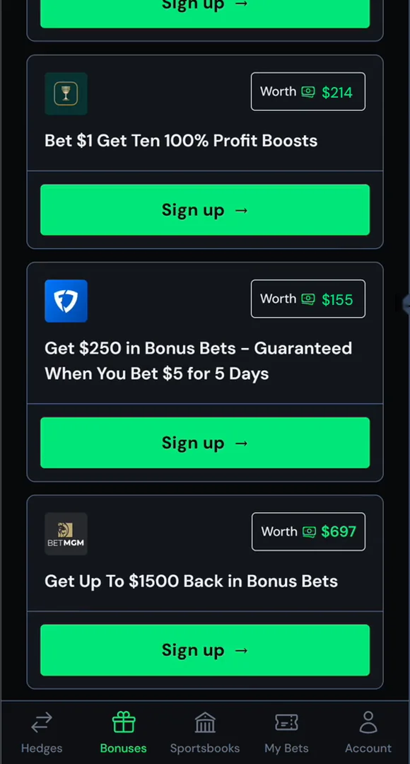 Scroll for the rest of the list. Each card shows what the bonus is worth to you.