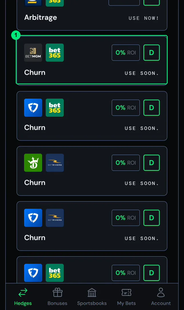 Churn sets in the Hedges feed: 0% ROI, because neither side wins or loses anything.