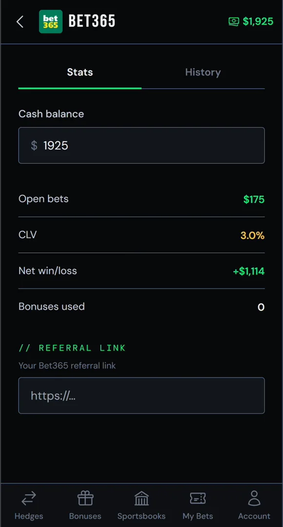 bet365's page on the demo account: lifetime CLV 3.0%.