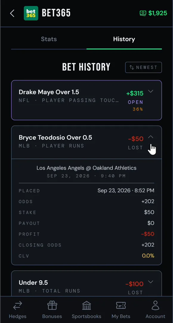 The History tab breaks CLV down per bet, so you can see where it came from.