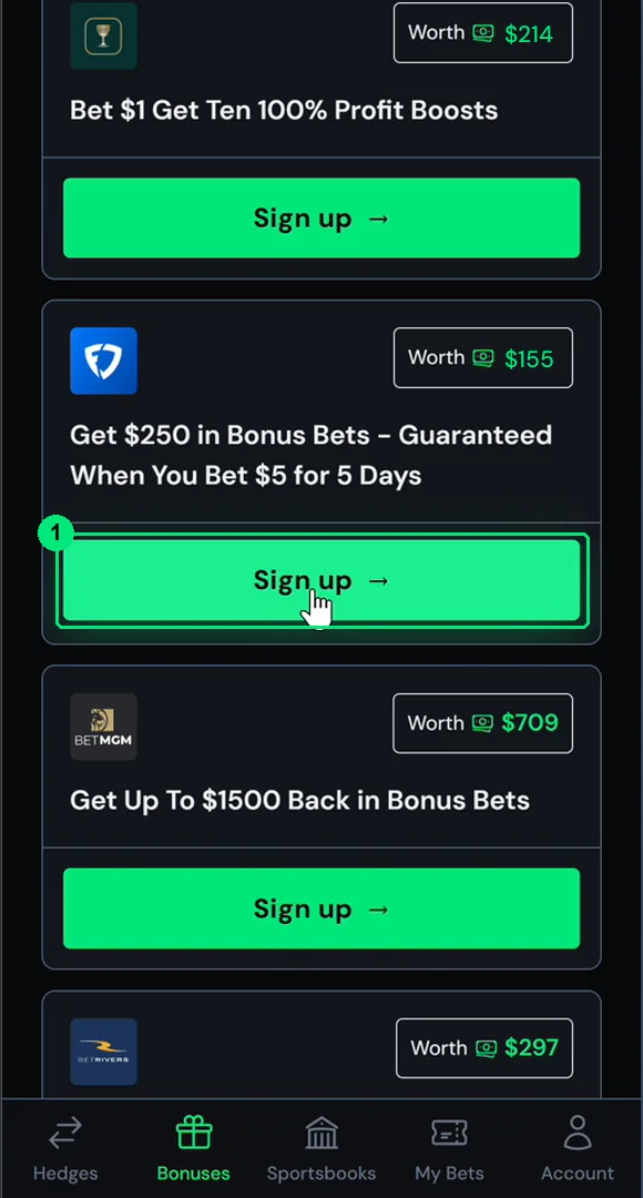 The FanDuel signup card. Click Sign up.