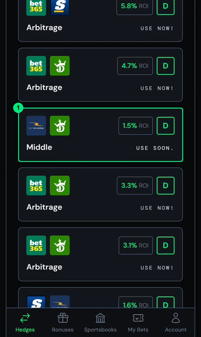 A Middle card in the Hedges feed, alongside the arbitrage sets.