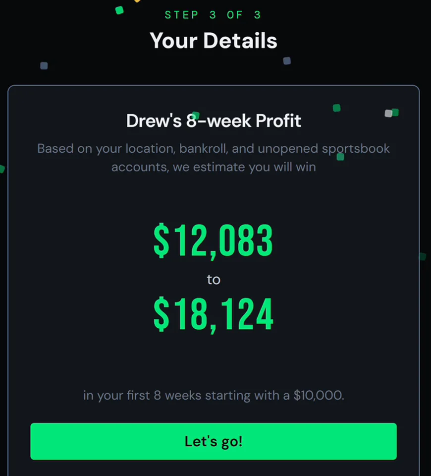 Step 3 of 3: the profit range we estimate for your first eight weeks. This is the demo account's Virginia estimate, not a promise.
