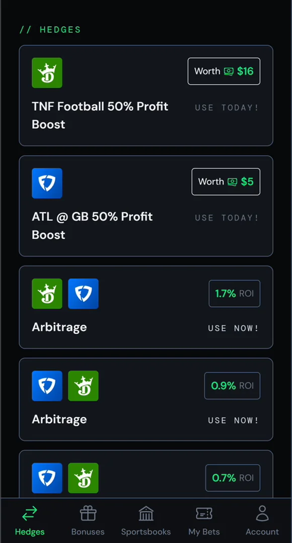 The Hedges tab now shows both boosts, plus a list of arbitrage sets.