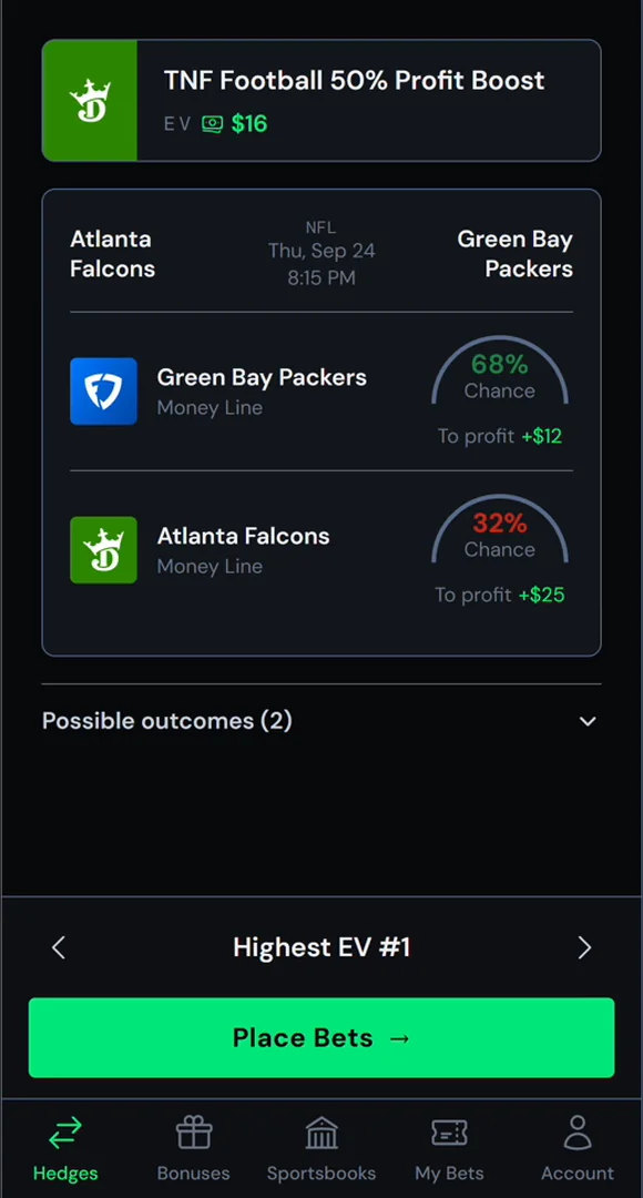 A boost hedge only shows Packers-Falcons bets, because that is the only game the bonus can be used on.