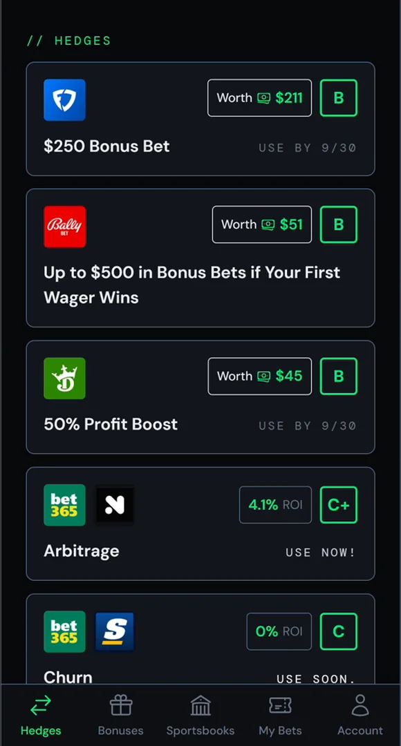 The Hedges tab. Click into a bonus to see its parlay hedge sets.