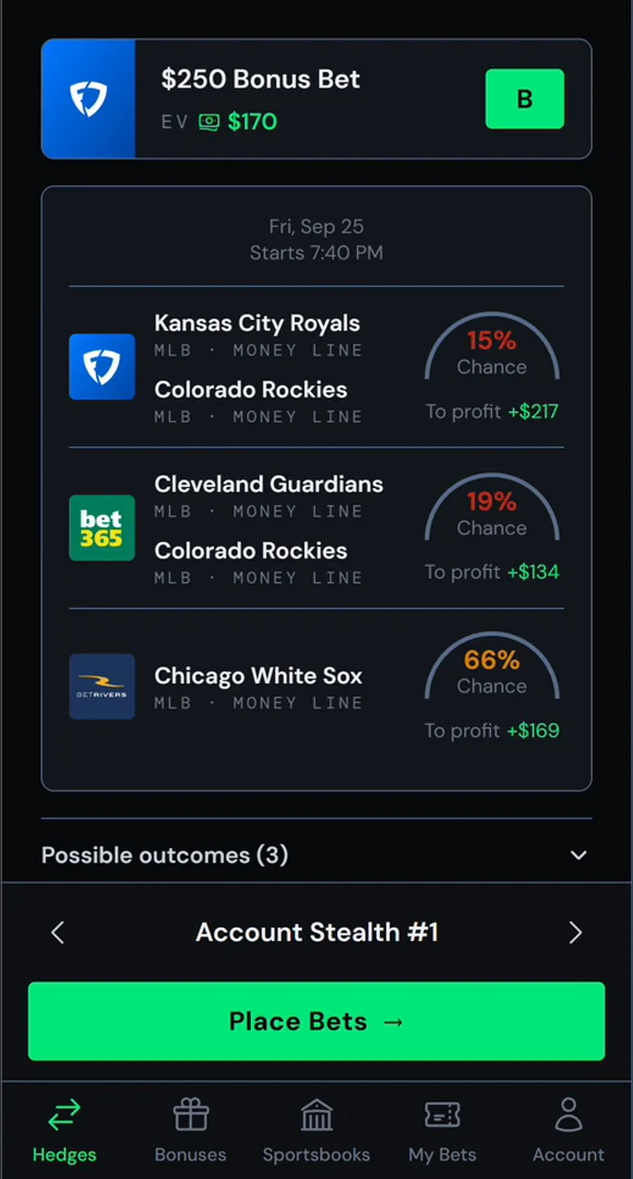 Two games, three bets: Royals vs Guardians and Rockies vs White Sox, moneylines only.