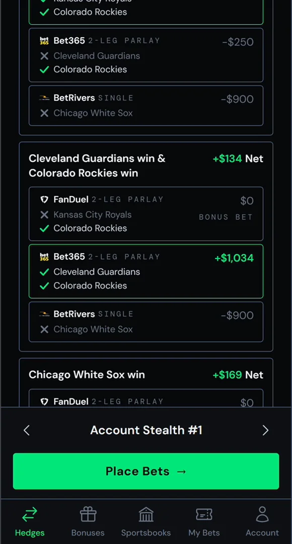 Outcome 2: Guardians and Rockies win. The bet365 parlay hits for $134 net, the worst case.