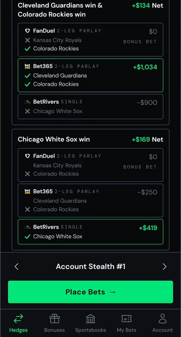 Outcome 3: the White Sox win, whoever wins the other game. The single hits for $169 net.