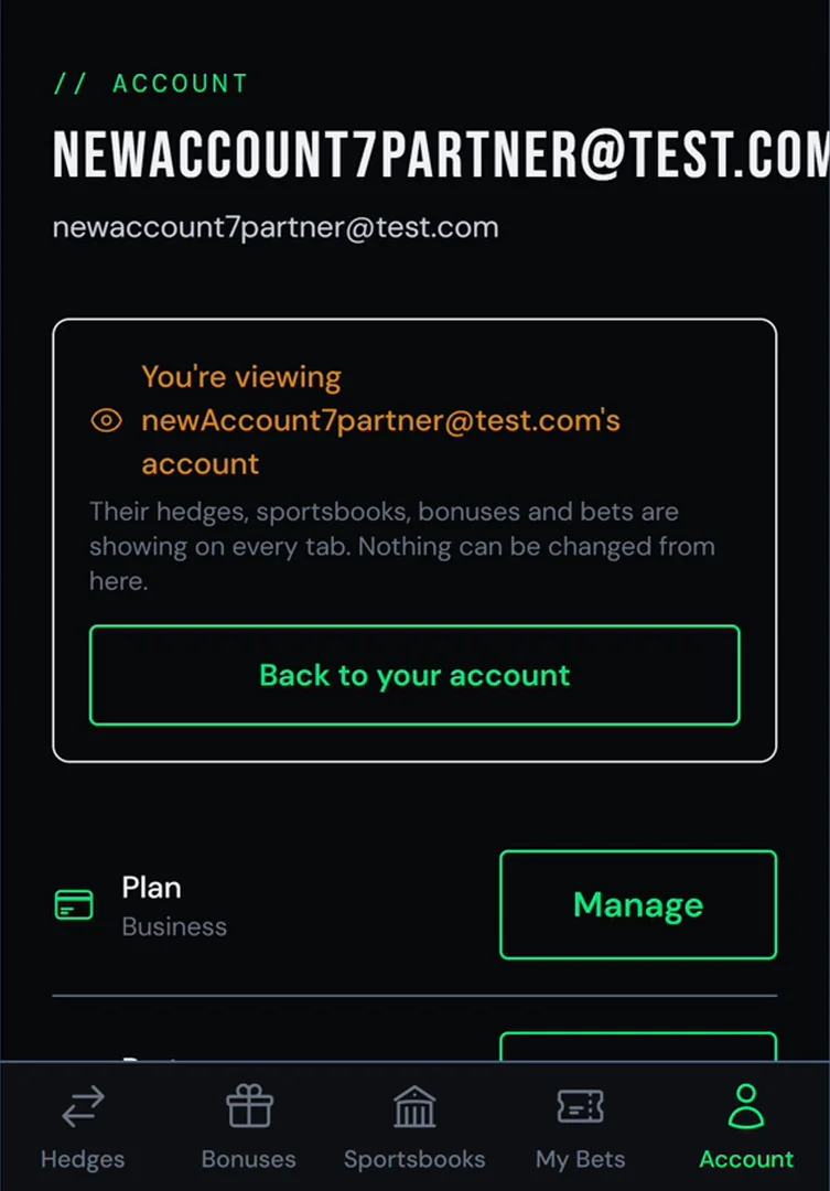 Viewing a partner: their hedges, sportsbooks, bonuses and bets show on every tab, read-only.