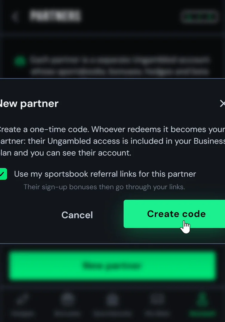New partner creates a one-time code. Leave the referral-links box checked so their sportsbook signups go through your links.