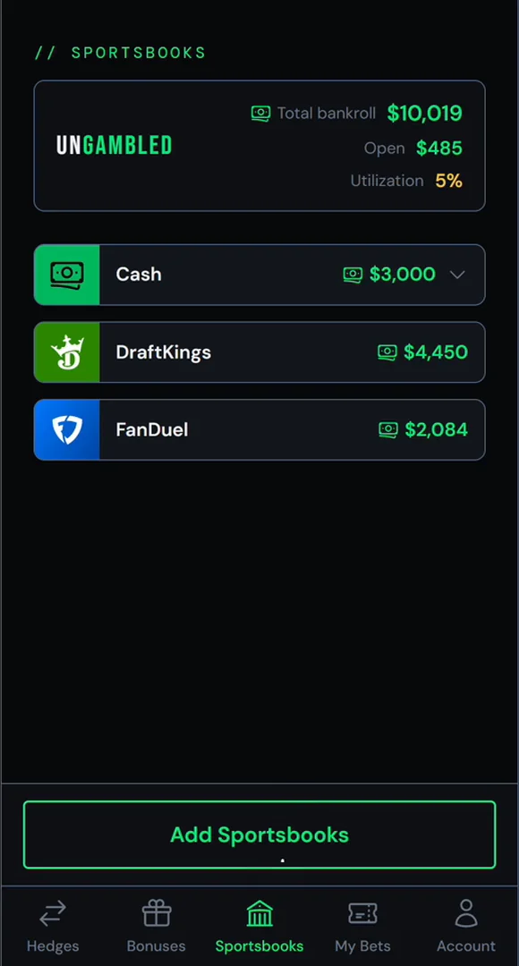 The Sportsbooks page: the bankroll is $19 higher than the day before.