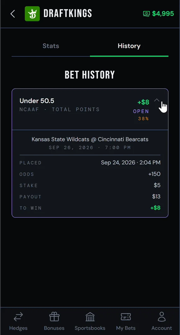 Expand a bet for the game, when it was placed, the odds, stake, payout and amount to win.