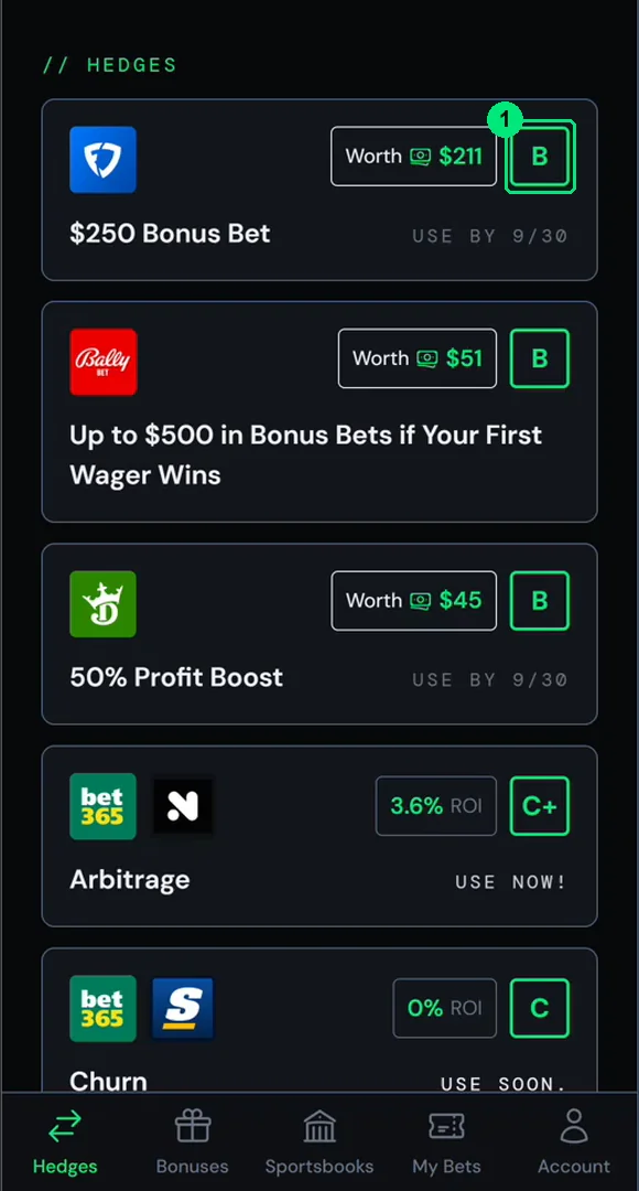 Every hedge set on the Hedges tab carries a letter grade in the top right corner.