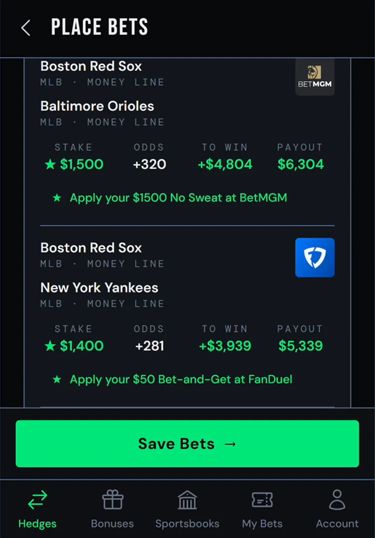 Place Bets: $1,500 on a parlay at BetMGM, $1,400 at FanDuel.