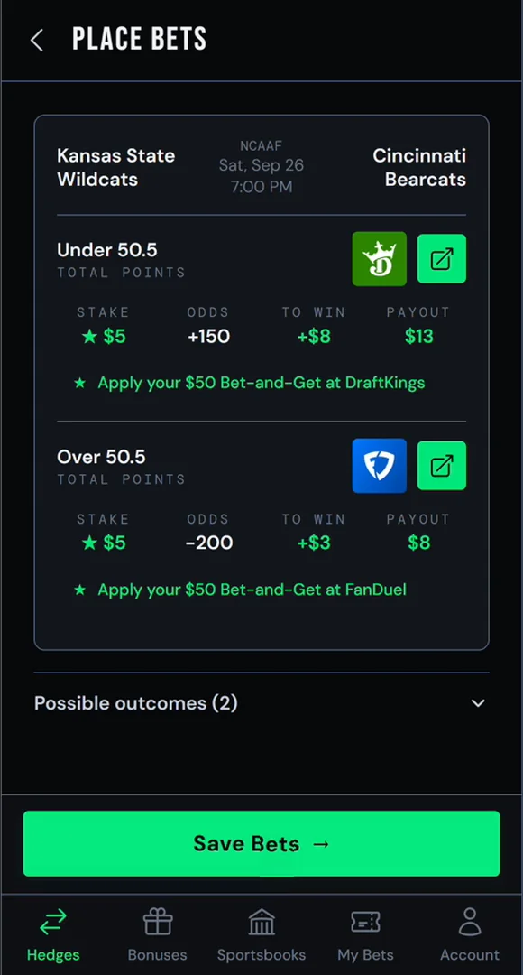 Place Bets shows the stake, odds, amount to win and payout for each sportsbook, plus which bonus to apply.