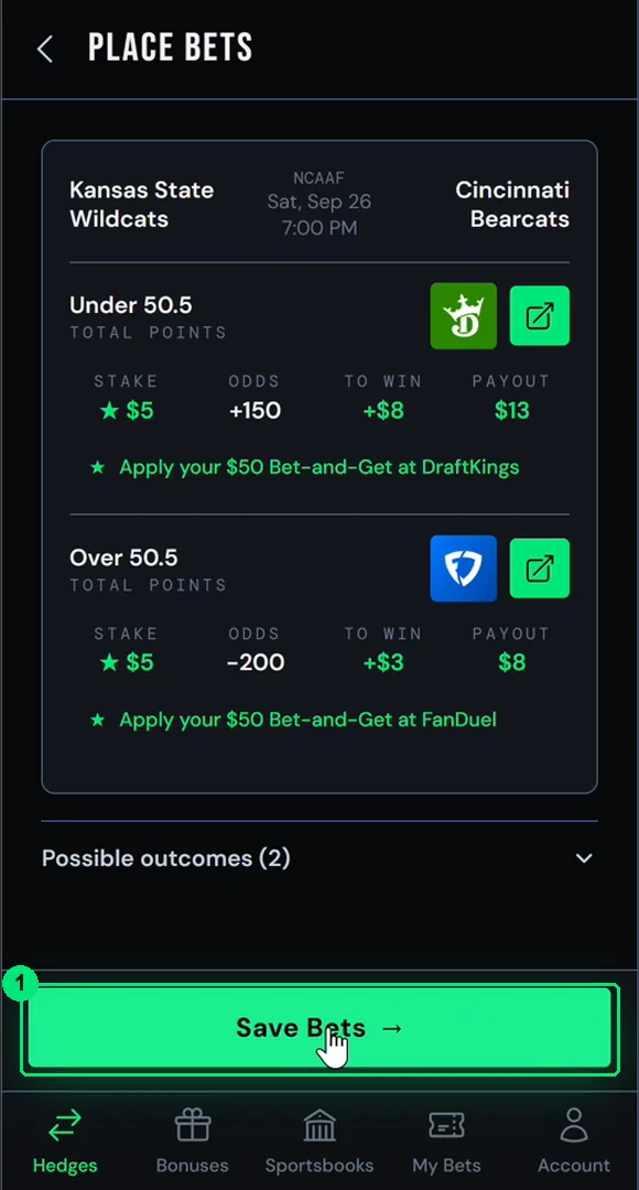 Once both bets are placed at the sportsbooks, click Save Bets.