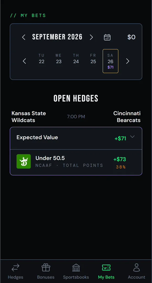 The saved hedge appears under My Bets as an open hedge.